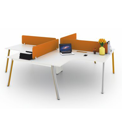 Office desk with two orange screens in open office workstation.