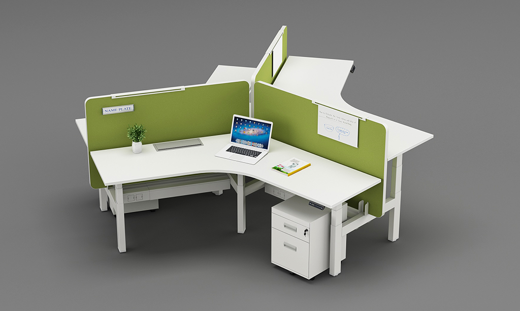 Height-adjustable L-shaped workstations with white surfaces, green privacy screens, and storage for collaborative offices.