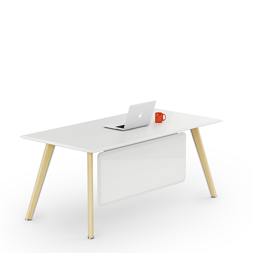 Sleek executive table with a minimalist design, white surface, and wooden legs, perfect for a Radio Director's cabin.