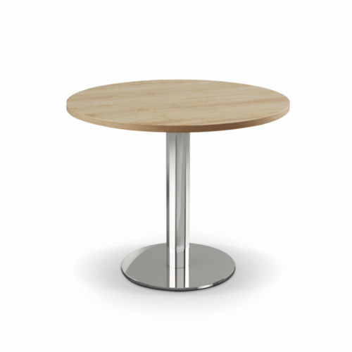 Meet SS round office table with a light wood finish and chrome pedestal base, ideal for meeting spaces.