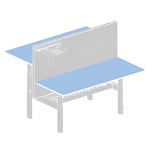 Height-adjustable desk frame for two-person workstation with dual surfaces and storage, ideal for collaborative spaces.