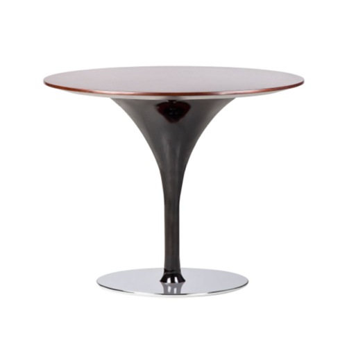 Sleek office reception table with a polished dark top and curved base, ideal for modern and elegant offices.