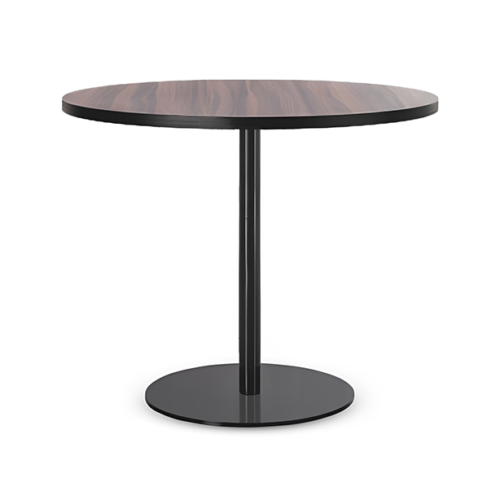 Circular office reception table featuring black base and wooden top.