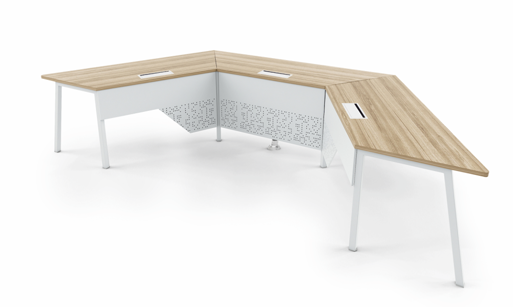 Modular conference room table with L-shaped design, wood finish top, and white legs, ideal for collaborative meetings.