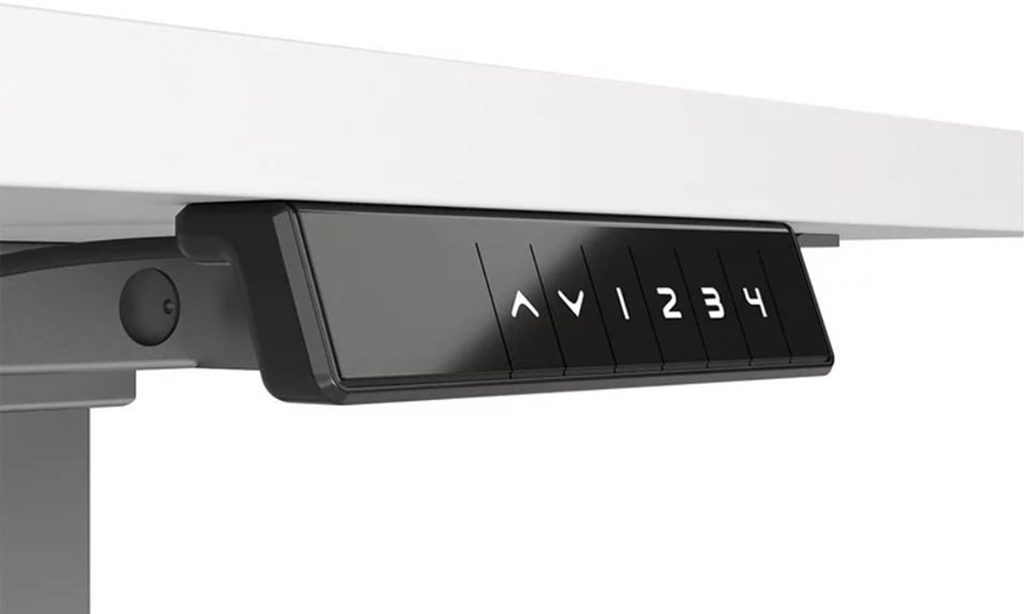 Close-up of height adjustable table control panel with preset buttons, providing ergonomic customization for office desks.