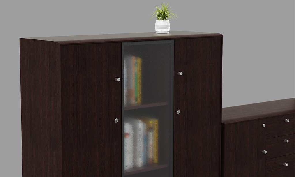Z line executive desk cabinet with glass doors, offering elegant storage solution for office essentials
