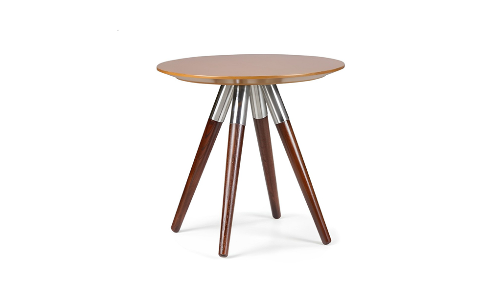 Stylish office reception table with a round wooden top and tapered legs, ideal for modern office environments.