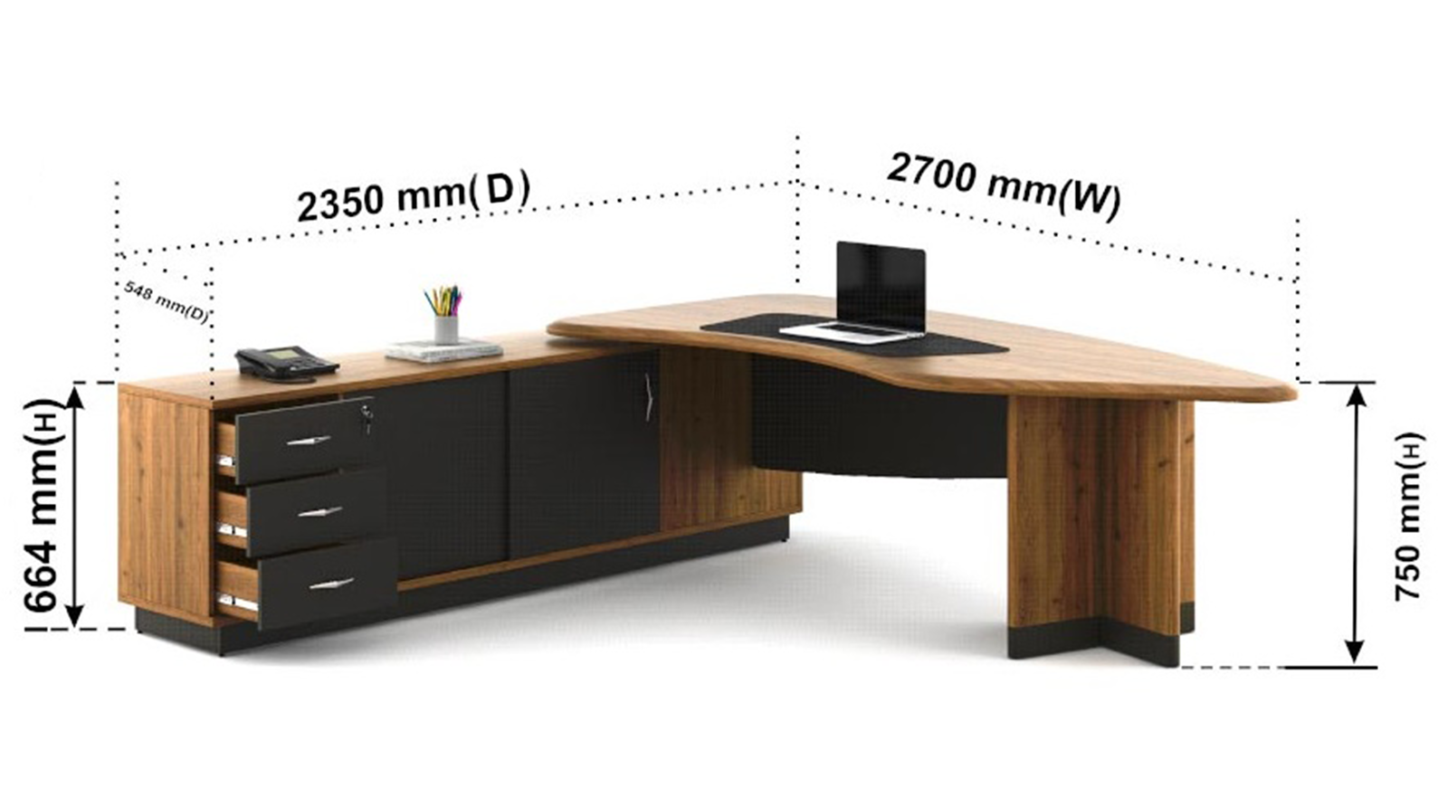 Technical specifications of a manager office desk with measurements: 2700 mm width, 2350 mm depth, 750 mm height.