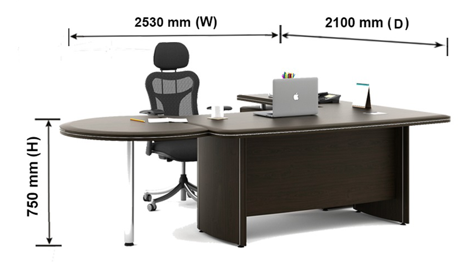 Z line executive desk with ergonomic chair, showcasing spacious dimensions and modern office design