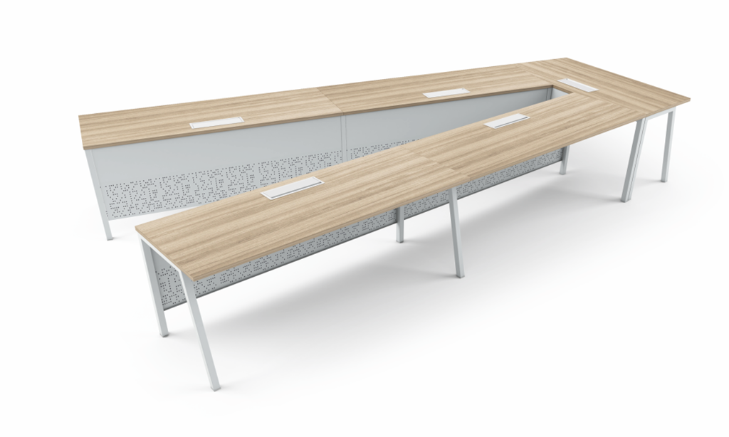 Versatile V-shaped modular meeting table with wood finish top and white legs, perfect for large conference rooms