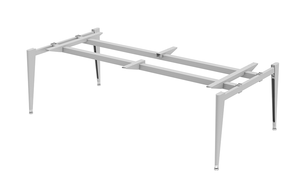 Sturdy metal frame for modular conference meeting tables, designed for stability and versatility in office settings.