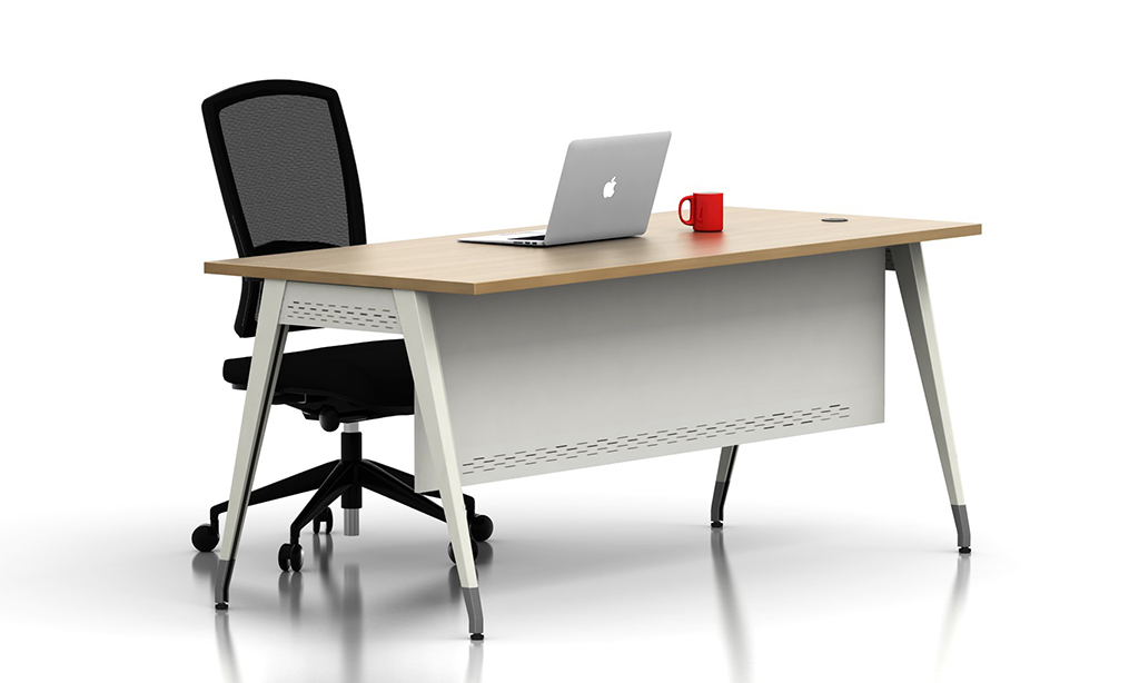 Modern executive office cabin table with a sleek design, featuring a laptop and a coffee mug on top.
