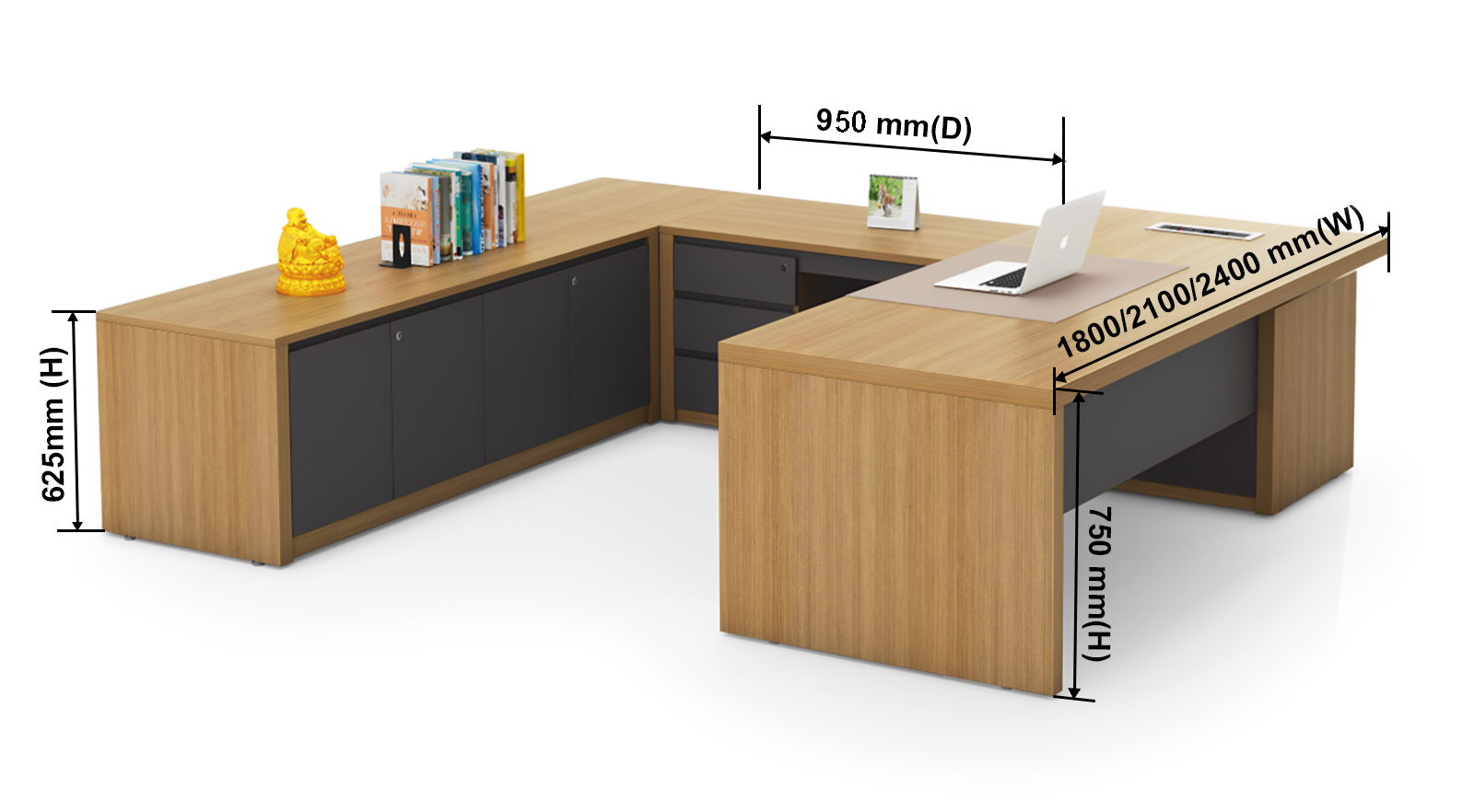 Modern L-shaped office desk with detailed dimensions, storage cabinets, books, and a laptop for organized workspace.