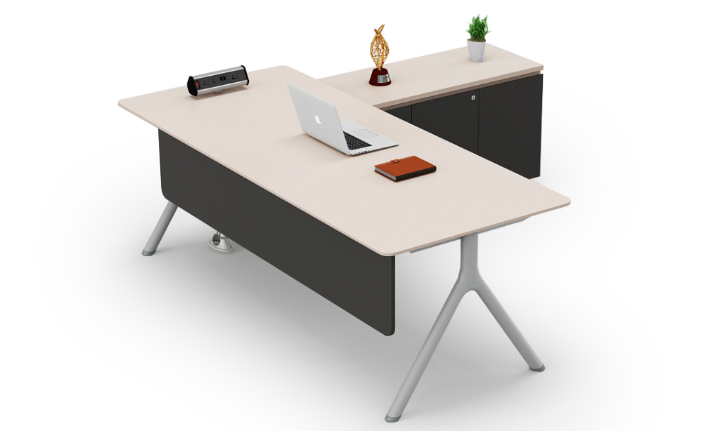 Modern L-shaped office desk with detailed dimensions, storage cabinets, books, and a laptop for organized workspace.